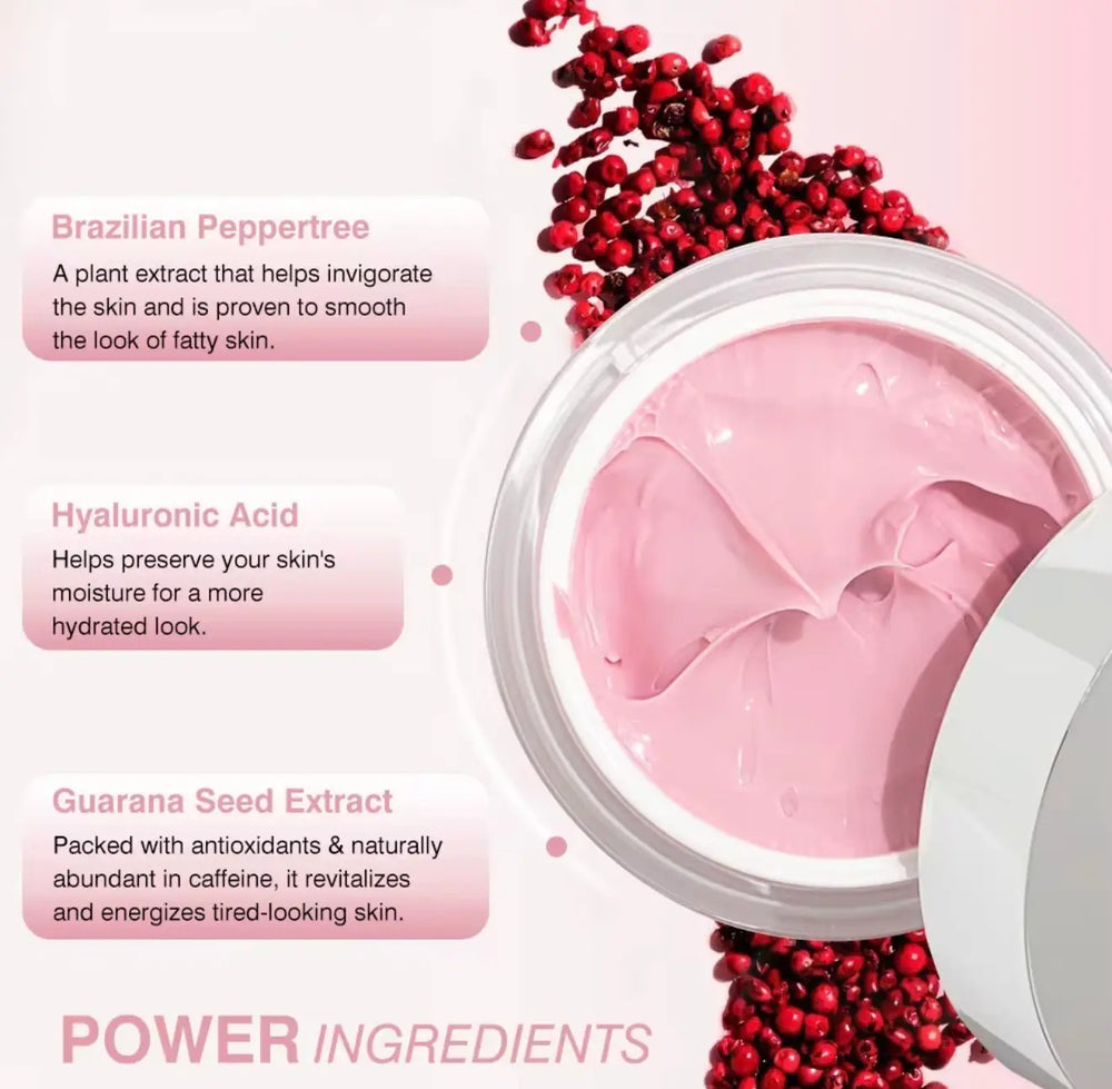 "Round jar of KOEC B-Tight Booty Mask with a smooth pink cream inside, surrounded by red and pink floral accents."