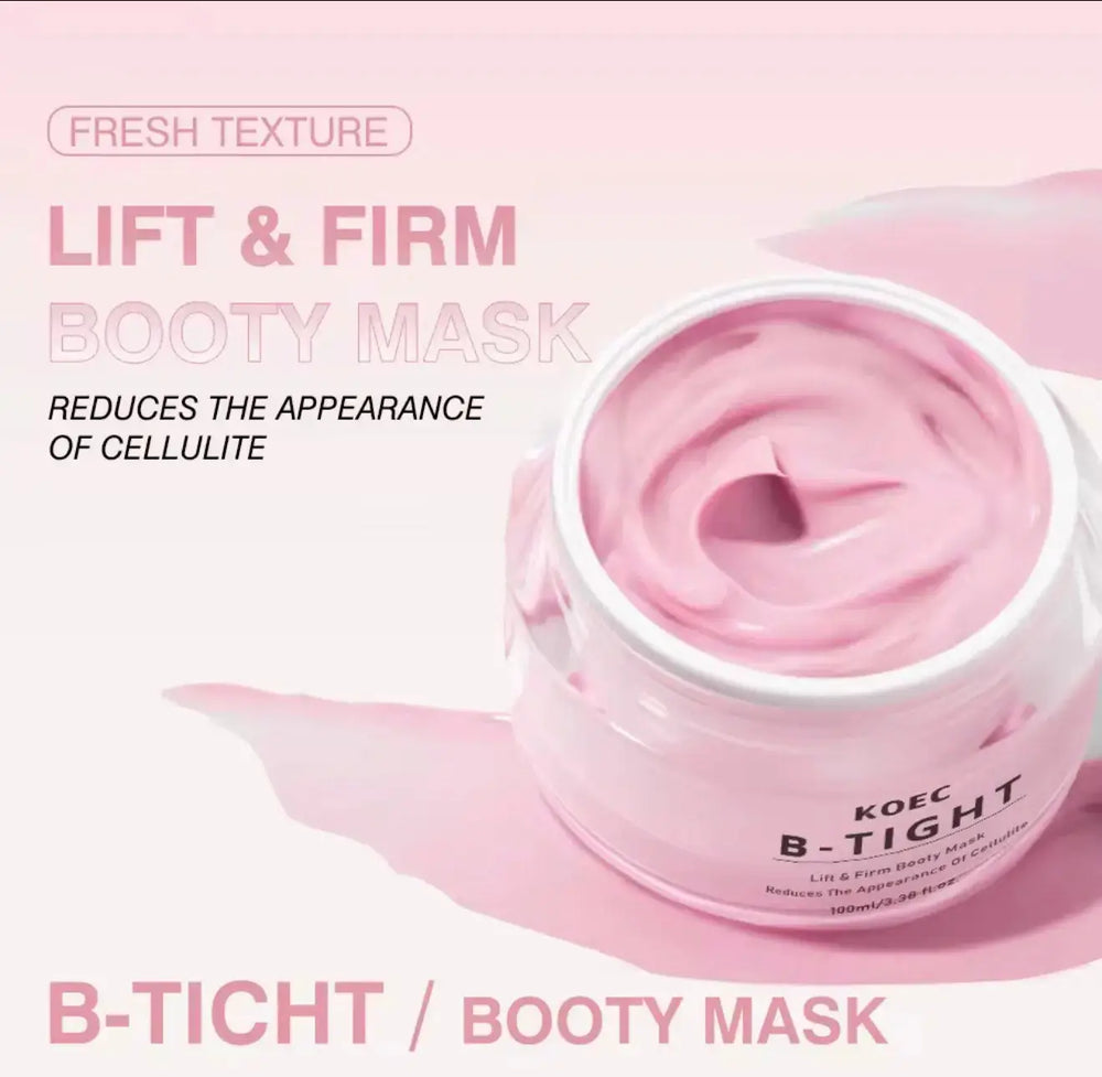 Light pink cream in a round white jar with a clear lid, labeled "KOEC B-Tight Booty Mask" on a soft gradient background.