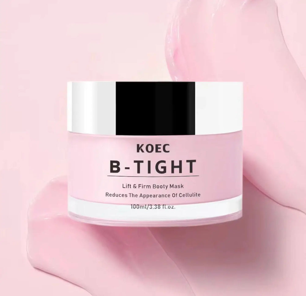 Pink cream in a clear jar with a silver lid, labeled "KOEC B-Tight Booty Mask," on a soft pink background.