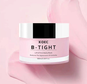 Pink cream in a clear jar with a silver lid, labeled "KOEC B-Tight Booty Mask," on a soft pink background.