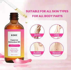 "Amber glass bottle of KOEC Cyperus Rotundus Oil with a dropper, pink label, surrounded by pink petals."