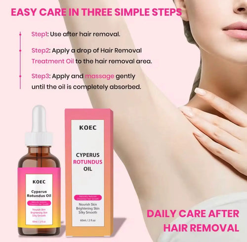 "Amber glass dropper bottle of KOEC Cyperus Rotundus Oil beside pink box, with instructions on smooth skin care."