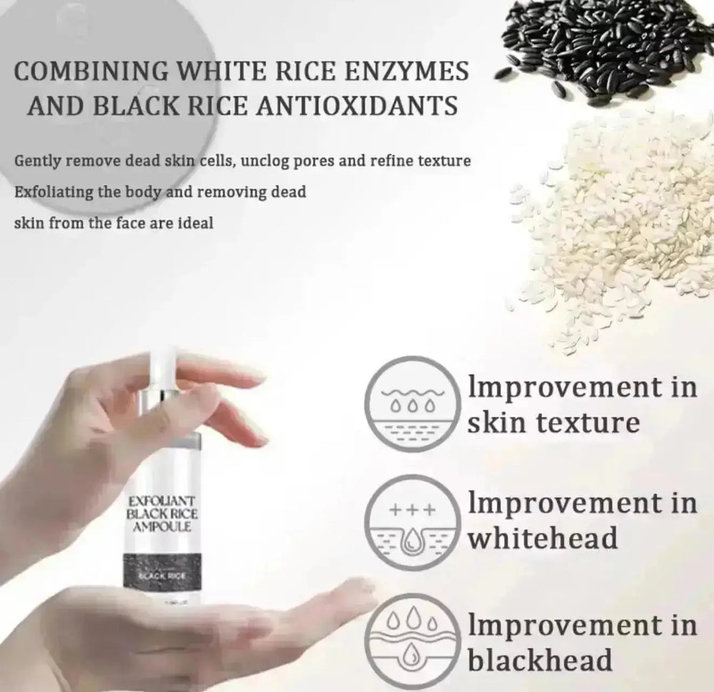 "KOEC Rice & Black Rice Ampoule Duo with a clear glass bottle and silver cap, surrounded by black and white rice grains."