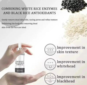 "KOEC Rice & Black Rice Ampoule Duo with a clear glass bottle and silver cap, surrounded by black and white rice grains."