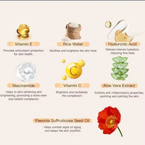 "Graphic featuring ingredients: Vitamin E, Rice Water, Hyaluronic Acid, Niacinamide, Vitamin C, Aloe Vera Extract, and Paeoni