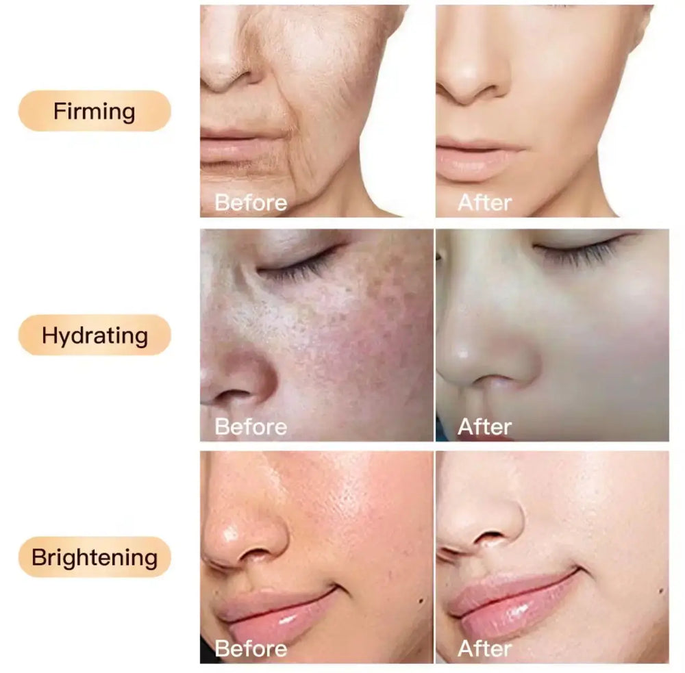"Collage showing skincare results: firming, hydrating, and brightening before and after images of facial skin."