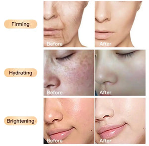 "Collage showing skincare results: firming, hydrating, and brightening before and after images of facial skin."