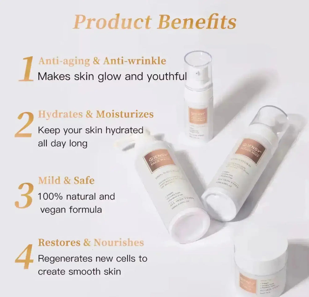Four skincare products arranged on a light background, featuring white bottles with beige accents and clear lids.