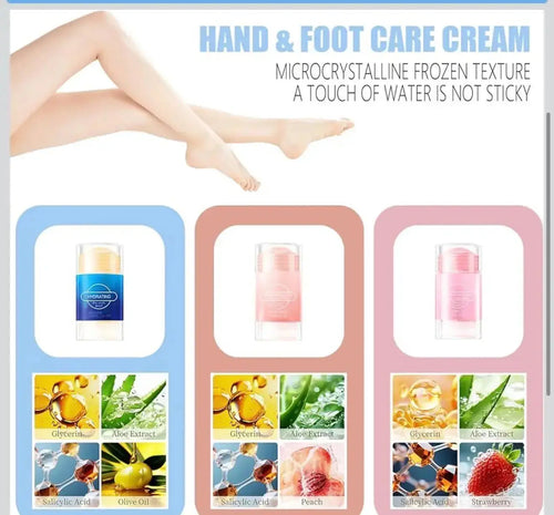 "Two balm sticks in clear packaging, one with a blue cap and the other with a pink cap, with images of ingredients below."