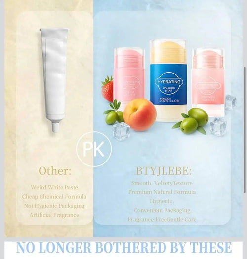 "Hydrating Hand and Foot Balm Stick in a clear container with a yellow cap, alongside fruits and ice cubes on a light backgro