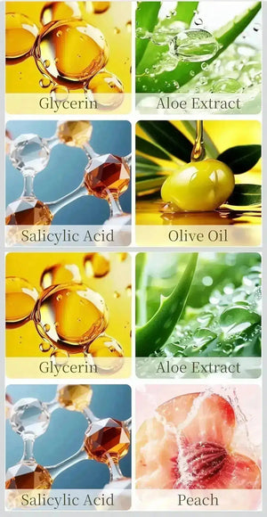 Eight colorful panels featuring ingredients: glycerin, aloe extract, salicylic acid, olive oil, and peach, with liquid textur