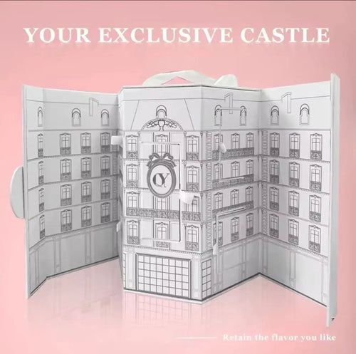 "White gift box resembling a castle with outlined architectural details and a ribbon, opened to reveal five perfume bottles."