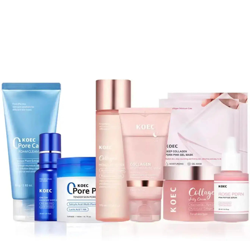 "KOEC 9-in-1 Skincare Set with blue and pink packaging, including cleansers, serums, and masks arranged on a white background