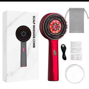 "Red and gray LED scalp massage brush with bristles, displayed with packaging, USB cable, and a silver drawstring pouch."
