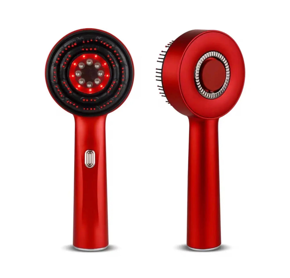 "Red LED scalp massage brush with oil dispensing feature, circular head with bristles and light indicators, side view."