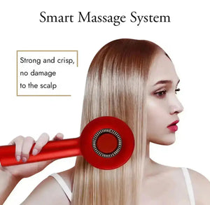"Red LED scalp massage brush with circular head, held near long, straight blonde hair, white background"
