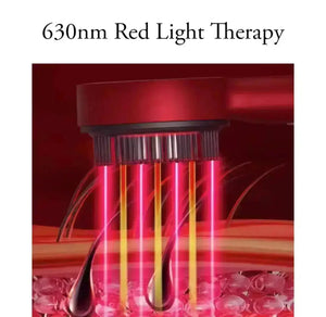 "Red LED scalp massage brush with oil dispensing feature, showing light beams and oil droplets against a dark background."