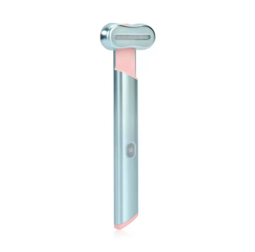 "Silver and pink 4-in-1 facial device with a sleek, curved design and a single button, front view on a white background."