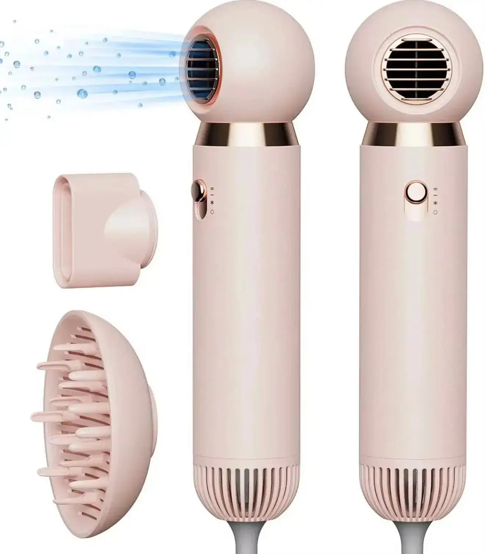 "Compact pink hair dryer with cool shot function and nozzle attachments, side view on a white background."