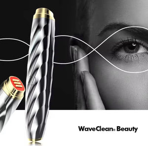 "WaveClean RF Eye Care Device in sleek black with gold accents, featuring a twisted design and LED indicator, angled view."