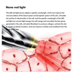 "Close-up of a sleek black and gold RF eye care device with LED light, set against a background of red gel-like cells."