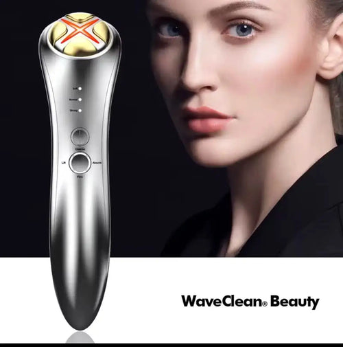 "Silver RF & EMS facial device with gold circular top and control buttons, next to a model's face in profile."