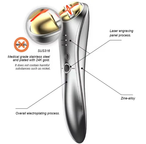 "Silver facial device with gold accents, featuring two rounded heads and a control panel with buttons, labeled details."