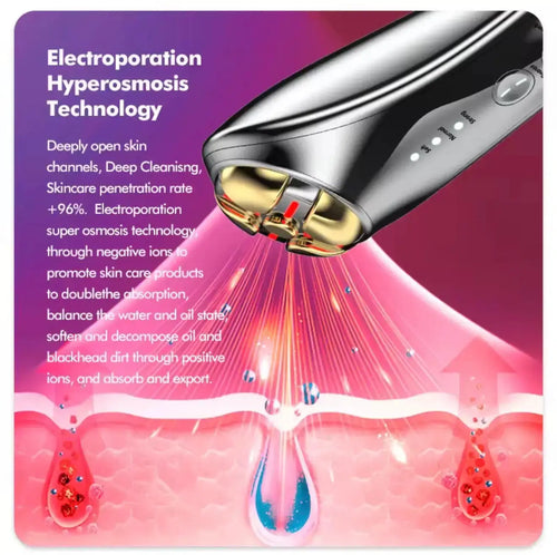 "Black and silver RF & EMS facial device with gold electrodes, angled view against a gradient pink background."