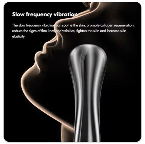 "Silver RF & EMS facial device with a sleek curved design against a dark background, highlighting its ergonomic shape."