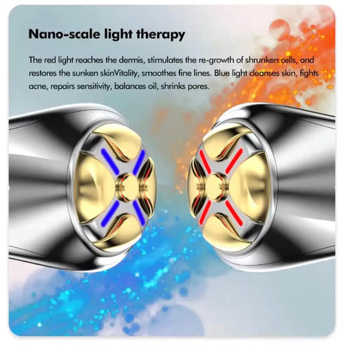 "Silver facial device with gold accents, featuring red and blue light therapy indicators, on a colorful background."