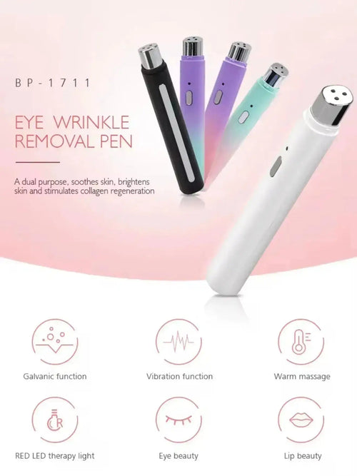 "Five eye massager pens in varying colors—black, purple, gradient, and white—displayed on a light background with icons."