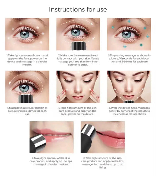 "Instructional images showing step-by-step use of Beautivana Heated Eye Massager Pen on a model's face."
