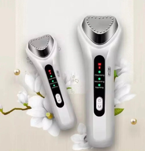 "White ultrasonic skin rejuvenation device with a triangular head, black control panel, and LED indicators, surrounded by flo