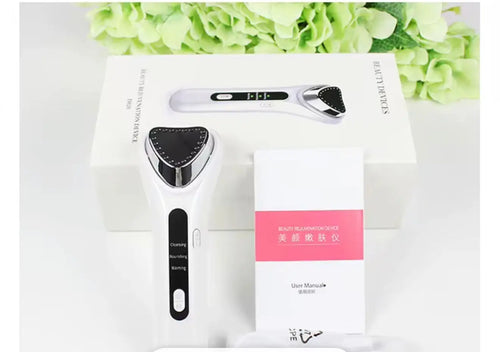 "Ultrasonic skin rejuvenation device in white with a black silicone head, displayed on a white box with green foliage backgro