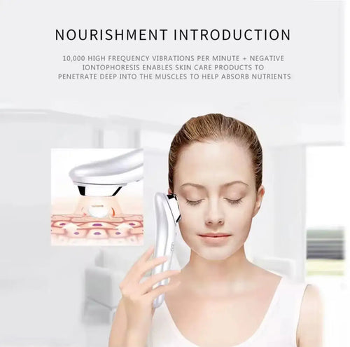 "White ultrasonic skin rejuvenation device held against a woman's cheek, with glowing treatment head, soft background."