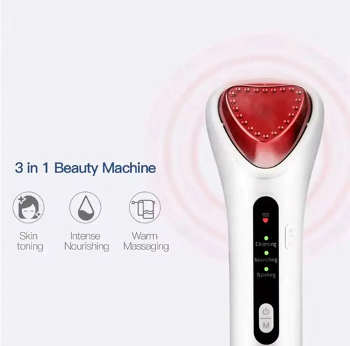 "White ultrasonic skin rejuvenation device with a red diamond-shaped head and control buttons, front view"