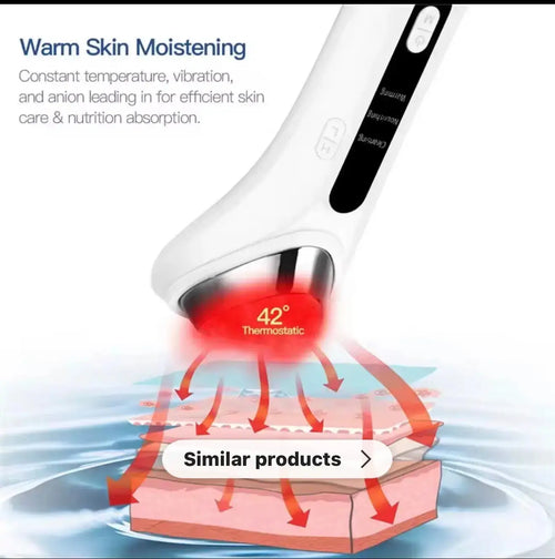 "White ultrasonic skin rejuvenation device with red light indicator, showing skin layers and arrows indicating deep cleansing