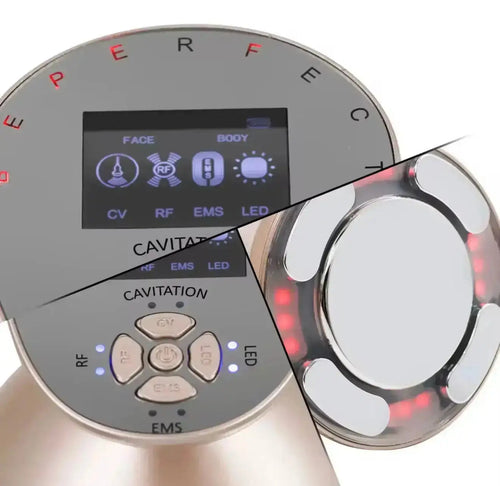 "Silver ultrasonic body device with a digital display, buttons, and a circular applicator with red LED lights."