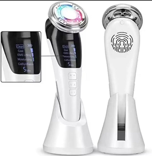 "White 5 in 1 Face Lift Device with LED display, silver accents, and ergonomic handle, displayed on charging base."