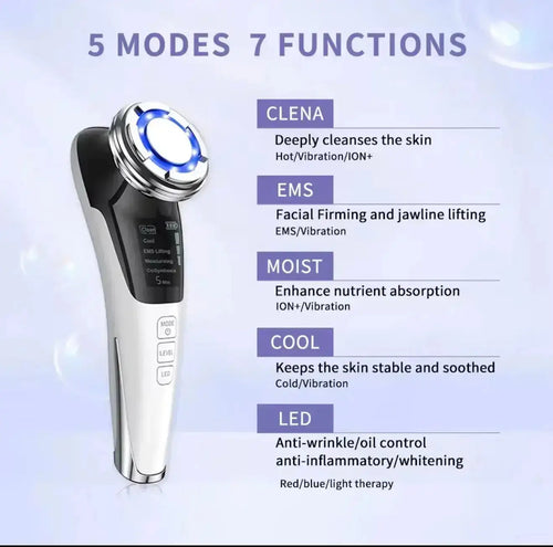 "Silver and black 5 in 1 face lift device with blue LED ring, buttons for modes and functions, on light purple background."