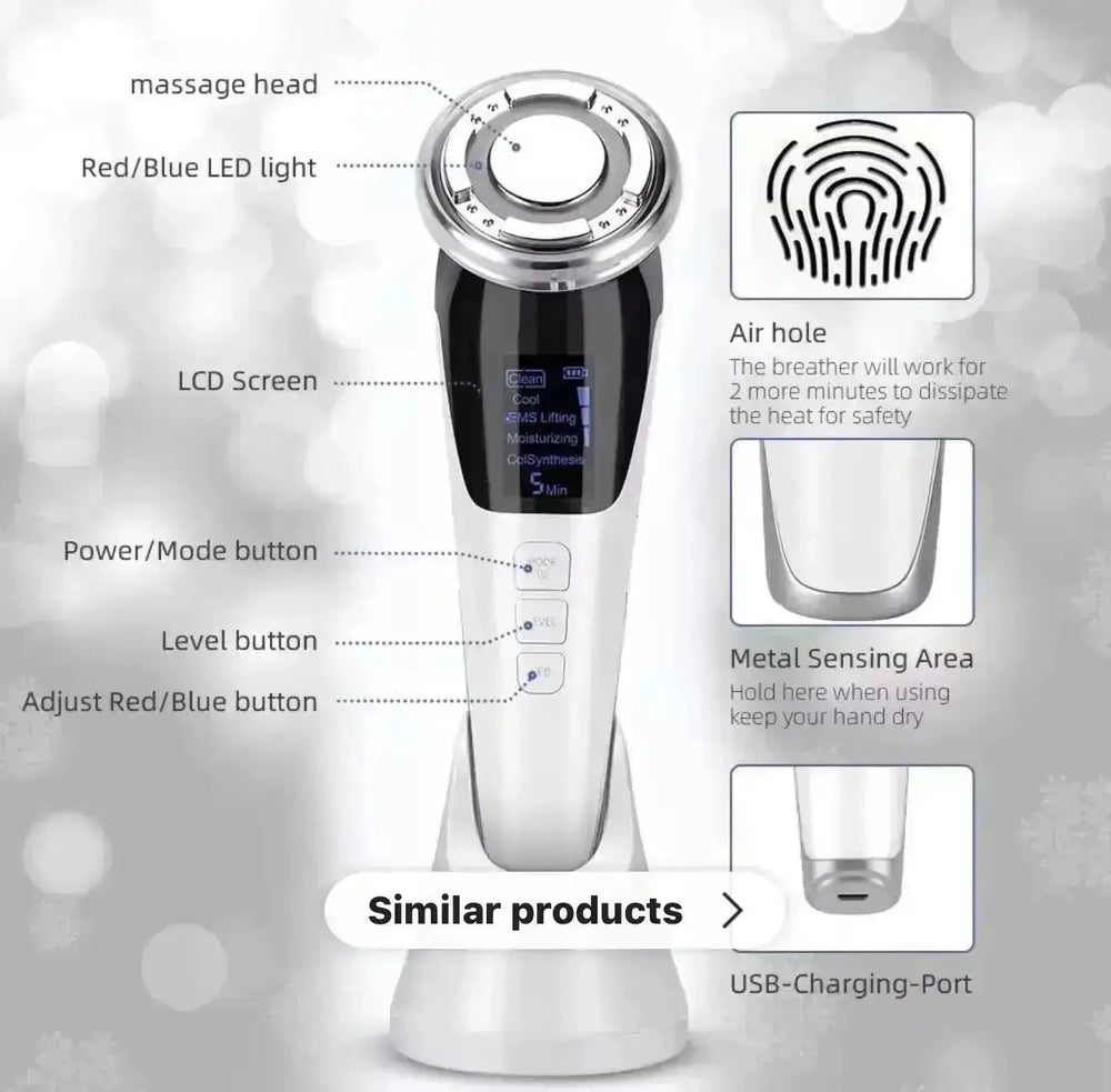 "White and silver 5 in 1 face lift device with LCD screen, buttons, and a circular massage head, front view."
