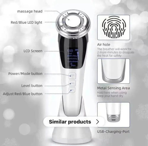 "White and silver 5 in 1 face lift device with LCD screen, buttons, and a circular massage head, front view."