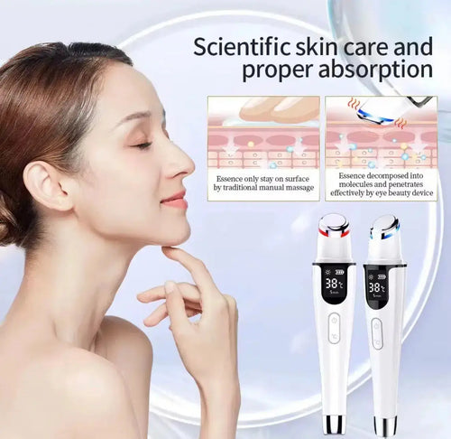 "White thermal ion eye massager with red and blue accents, featuring a digital display, held by a woman with smooth skin."