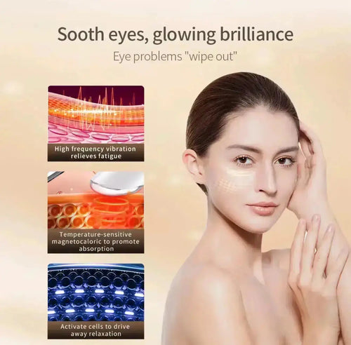 "Woman with smooth skin demonstrating eye massager on her face, background features colorful graphic elements."