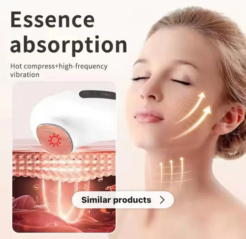 "Red Bean Hot & Cold Facial Massager with a white body and glowing red button, demonstrating use on a woman's face."