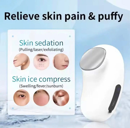 "Red Bean Hot & Cold Facial Massager with a smooth white body and silver head, displayed against a light background."