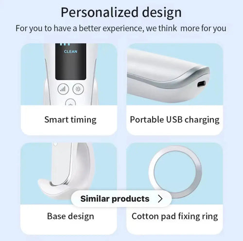 "White and silver facial device with digital display, featuring a curved handle and various functional buttons"