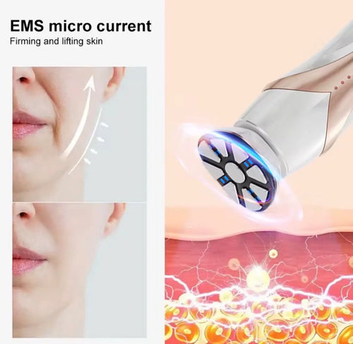 "Silver RF & EMS skin tightening device with blue LED light, angled view showing circular treatment head and model's jawline.