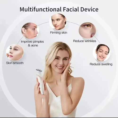 "White multifunctional facial device held by a woman with long blonde hair, circular graphic showing skin benefits."