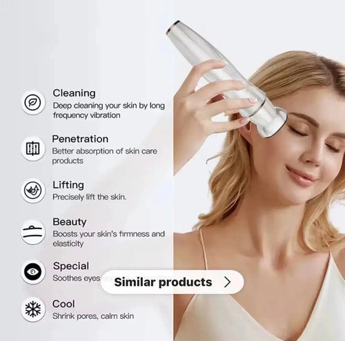 "Silver RF & EMS skin tightening device held in hand, with a model demonstrating use on her cheek, soft background."